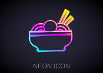 Glowing neon line Asian noodles in bowl and chopsticks icon isolated on black background. Street fast food. Korean, Japanese, Chinese food. Vector