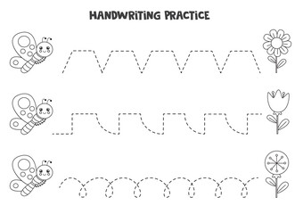 Tracing lines with black and white butterfly and flowers. Writing practice.