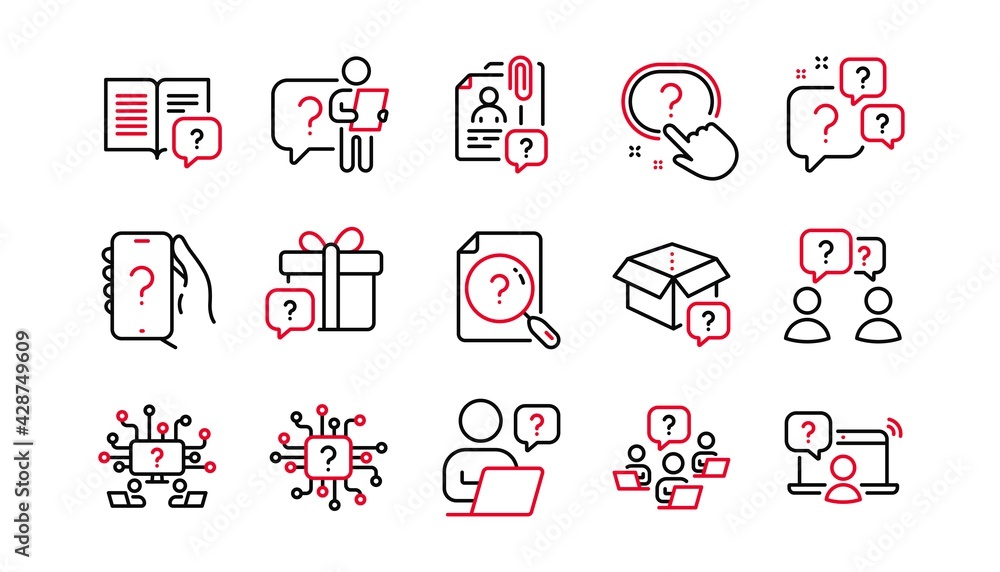 Poster questions line icons. artificial intelligence computer, phone with question mark, problem solve. qui