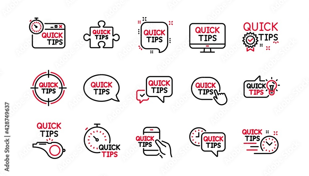 Poster quick tips line icons. helpful tricks, solution and quickstart guide. tutorial linear icon set. line