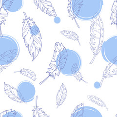 Seamless pattern with contoured feathers. Vector background. Stock vector illustration. Feathers. Purple outline on a white background. Purple spots.