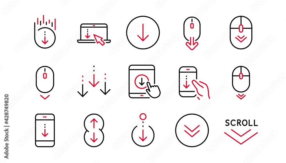 Poster scroll down line icons. scrolling mouse, landing page swipe signs. mobile device technology icons. w