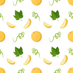 Seamless pattern with melons, curls and leaves. Cute summer print with whole and half fruits. Festive decoration for textiles, wrapping paper and design