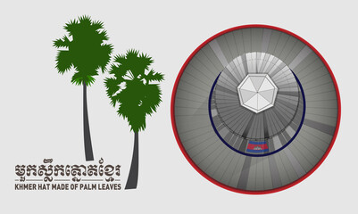 Khmer hat made of palm leaves with the Khmer text and its corresponding translation underneath