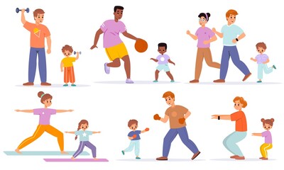 Family sport. Various families activities, adults and kids fitness training with children, boy and girl with parents healthy lifestyle. Running basketball and boxing vector cartoon set