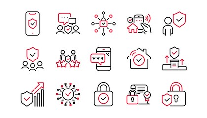 Security line icons set. Password, unlock, cyber lock. Guard, shield, home security system icons. Eye access, electronic check, firewall. Internet protection, laptop password. Linear set. Vector