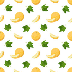 Seamless pattern with melons, curls and leaves. Cute summer print with whole and half fruits. Festive decoration for textiles, wrapping paper and design