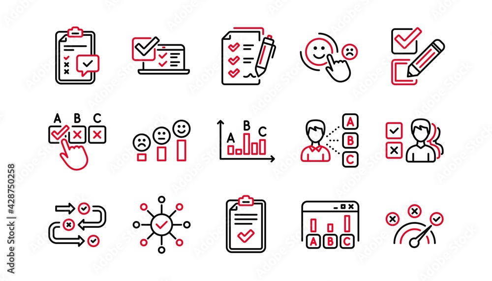 Poster survey or report line icons. opinion, customer satisfaction and feedback results. testing linear ico