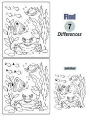 Black and White Cartoon Illustration of Finding Differences Between Pictures. Educational Game for Children with sea fish and crab. Coloring Book Page.