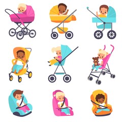 Baby carriage. Children in kids strollers, boys and girls in car seats, little multiethnic babies in perambulator or booster chair, safe convenient babies transportation vector cartoon set