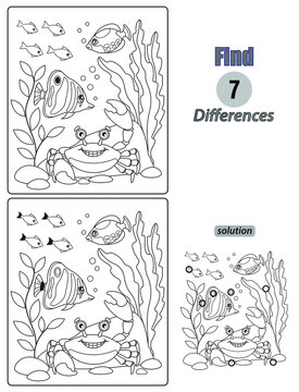 Black and White Cartoon Illustration of Finding Differences Between Pictures. Educational Game for Children with sea fish and crab. Coloring Book Page.