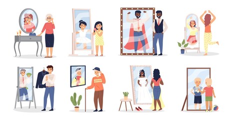 Fototapeta na wymiar Human desires mirror reflections. Different ages people front speculars standing and see their dreams, optimistic man woman and child successful transformation. Vector cartoon set
