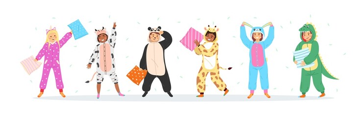 Kids animal pajamas. Smiling boys and girls in overalls, pillow fight and flying feathers. Cute sleepwear for pajama party. Carnival clothes unicorn, panda and rabbit vector cartoon set