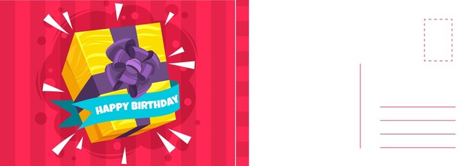 Happy Birthday. Holiday postcard and bright wrapped gift box with ribbon, letter template congratulate text and red background, design invitation and greeting vector cartoon illustration