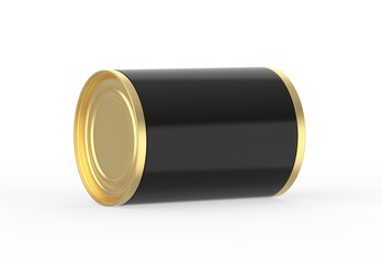 Metallic food tin can mockup template for fish, beans, meat, corns, peas and vegetables. Golden tin jar mock up for design presentation, 3d illustration