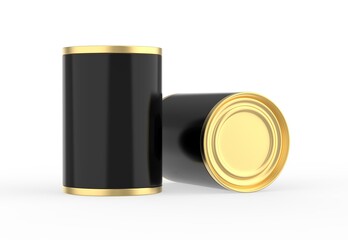 Metallic food tin can mockup template for fish, beans, meat, corns, peas and vegetables. Golden tin jar mock up for design presentation, 3d illustration