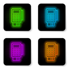 Glowing neon line POS terminal with inserted credit card and printed reciept icon isolated on white background. NFC payment concept. Black square button. Vector