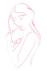 Mother is carying of her newborn baby. Woman embracing little child, abstract portrait drawing with lines, quick sketch, motherhood concept, illustration for t-shirt, print design, covers, web