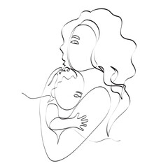 Mother is carying of her newborn baby. Woman embracing little child, abstract portrait drawing with lines, motherhood concept, vector illustration for t-shirt, print design