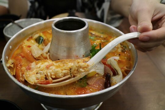 Spicy Seafood Hot Pot, Tom Yum Seafood Hotpot. Famous Thaifood. Food Concept.