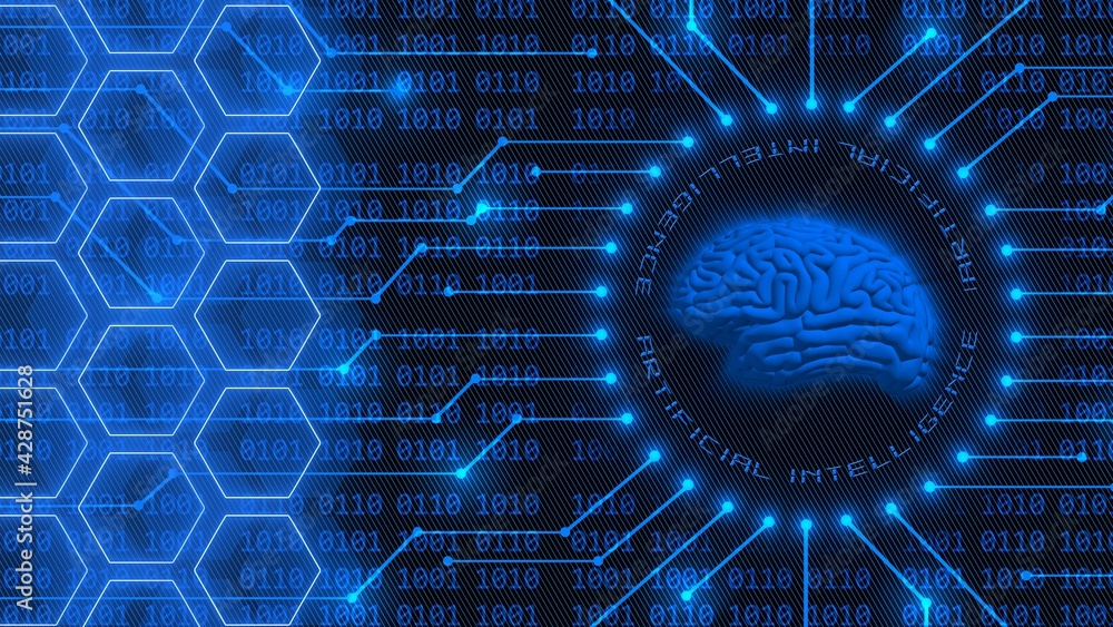 Poster human brain symbolic on ai artificial intelligence background with blue lettering - 4-digit binary c