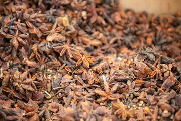 Star anise. Spices are solding in outdoor market, Sicily, Italy