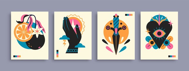 Abstract poster collection with hands, animals and abstract elements and shapes. Set of contemporary print templates. Vector illustration
