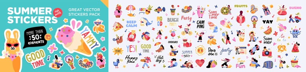 Big set of summer holiday, travel, beach vacation, tropical party labels, stickers, elements. Flat cartoon colorful vector illustration