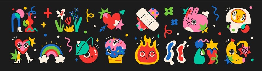 Collection of crazy Abstract comic characters elements and shapes. Bright colors Cartoon style. Vector Illustration