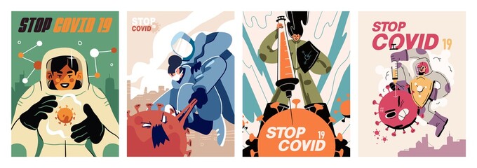 Fight with Coronavirus concept. Set of posters with illustrations of fighting with covid, corona virus. Disease campaign poster. Vector