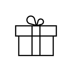 Gift linear outline thin Icon in black. Simple minimalistic gift sign. Isolated contour symbol on white background. Holiday Illustration. Graphic design for mobile, web, dev, app, ui, ux Vector EPS 10