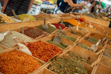 Fototapeta premium Spices are solding in outdoor market, Sicily, Italy