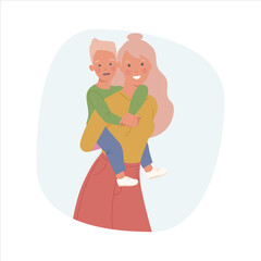 Mother giving piggyback ride to son. Mother carrying a toddler boy on her shoulders. Mother's Day. Children's Day. Vector illustration in a flat style
