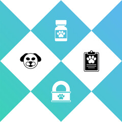 Set Dog, Canned food, Medicine bottle and pills and Clinical record pet icon. Vector