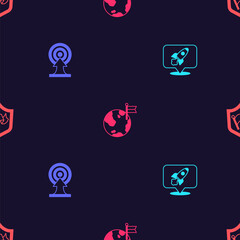 Set Rocket ship, Target with arrow, Planet flag and Shield on seamless pattern. Vector