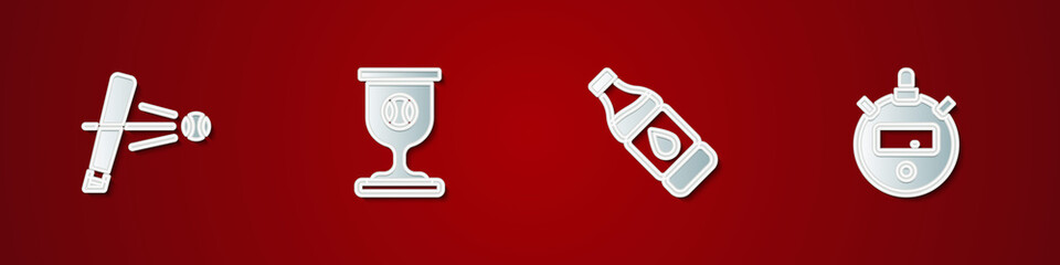 Set Baseball bat with ball, Award cup baseball, Bottle of water and Stopwatch icon. Vector