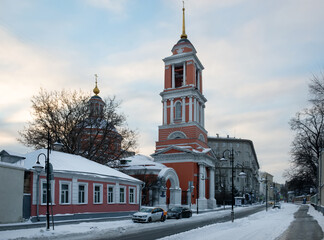 View of the Church of the Life-Giving Trinity on Pyatnitskaya street on a frosty winter morning after heavy snow.