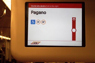 2020.12.27 Milan, Italy, Metro Line 1, train display with indication of the stop
