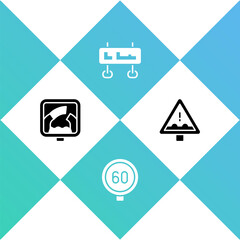 Set Drawbridge ahead, Speed limit traffic, Road sign and Uneven road icon. Vector