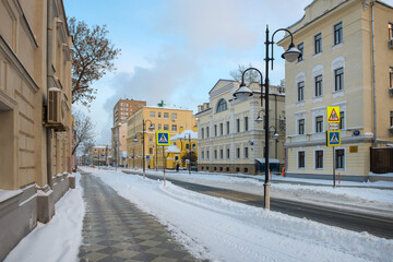 Moscow,  View of the Pyatnitskaya street on a frosty winter morning after heavy snow.