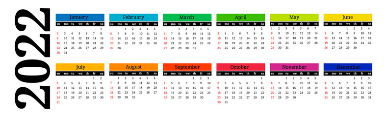 Horizontal calendar for 2022 on a white background