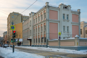 Fototapeta premium Moscow, View of the Malaya Ordynka street on a frosty winter morning after heavy snow.