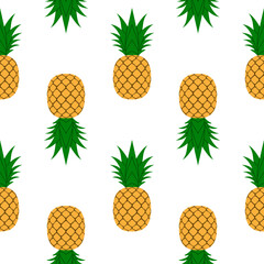 Pineapple seamless pattern. Tropical fruits textile texture isolated white background. Food print, fabric wrapping decorative backdrop. Typography graphic. Repeat design element. Vector illustration