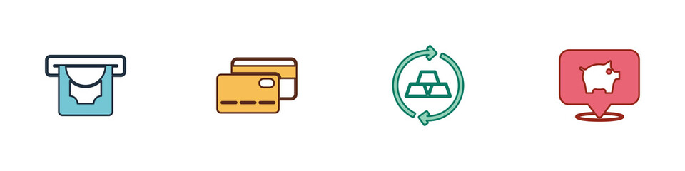 Set ATM and money, Credit card, Gold bars and Piggy bank icon. Vector