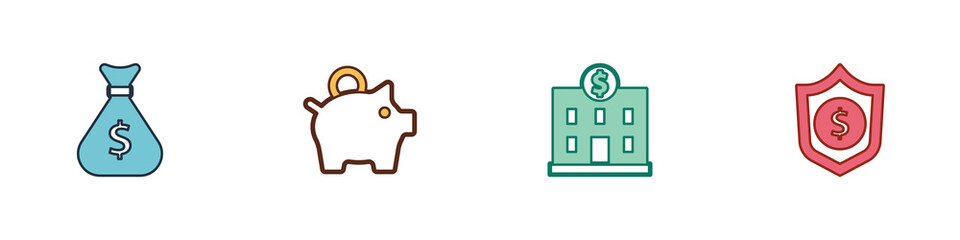 Set Money bag, Piggy bank, Bank building and Shield with dollar icon. Vector