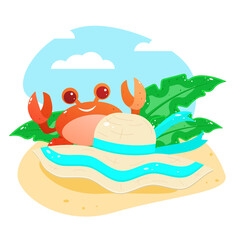 Summer greeting card. Postcard. Vector. Funny crab on the beach in the sand. A straw hat.