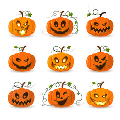 Halloween pumpkin icon set. Autumn symbol. 3D design. Halloween scary pumpkin face, smile, candle light, leaf. Orange squash silhouette isolated white background. Cartoon colorful Vector llustration