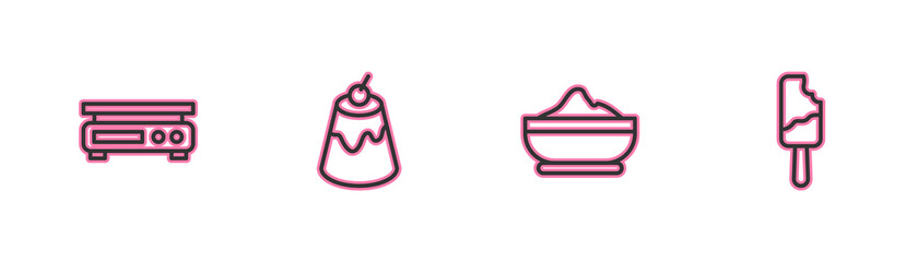 Set line Electronic scales, Flour bowl, Pudding custard and Ice cream icon. Vector