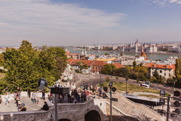 Fototapeta na wymiar BUDAPEST, HUNGARY, October 09 2019: Panoramic view of Budapest from terrace of Fisherman Bastion on the Castle hill, Budapest, Hungary