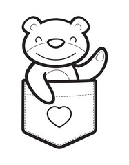 Vector black line baby teddy bear in breast pocket T-Shirt. Isolated on white background
